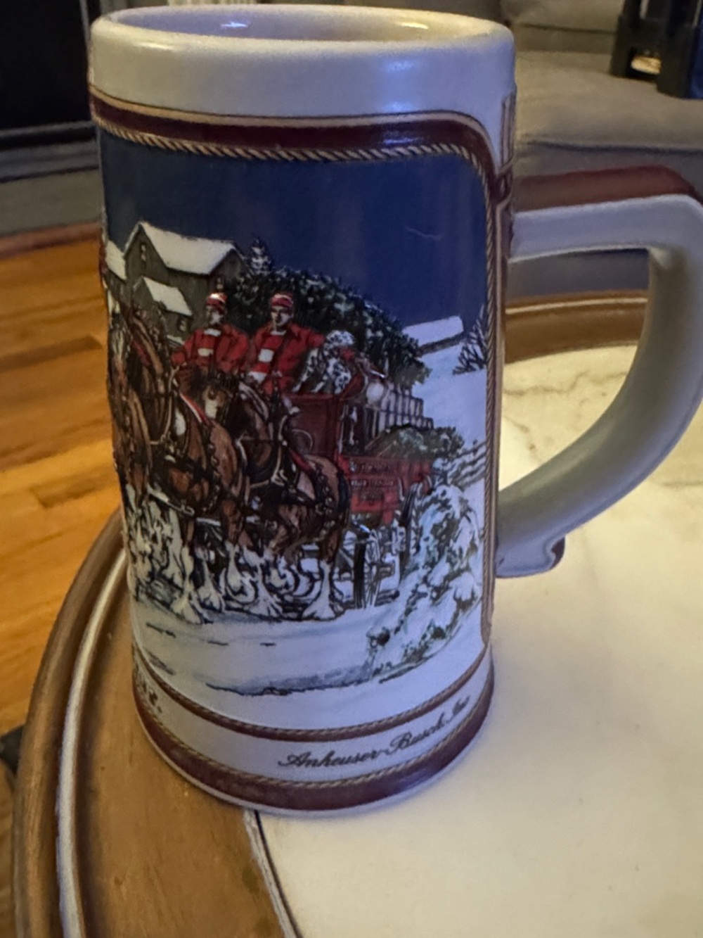 Budweiser 1989 Red, Blue and White Holiday Wagon Ceramic Stein